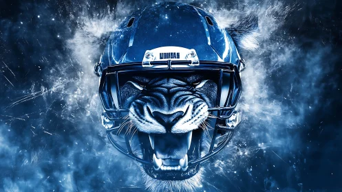 Fierce blue tiger in a football helmet roaring into battle.