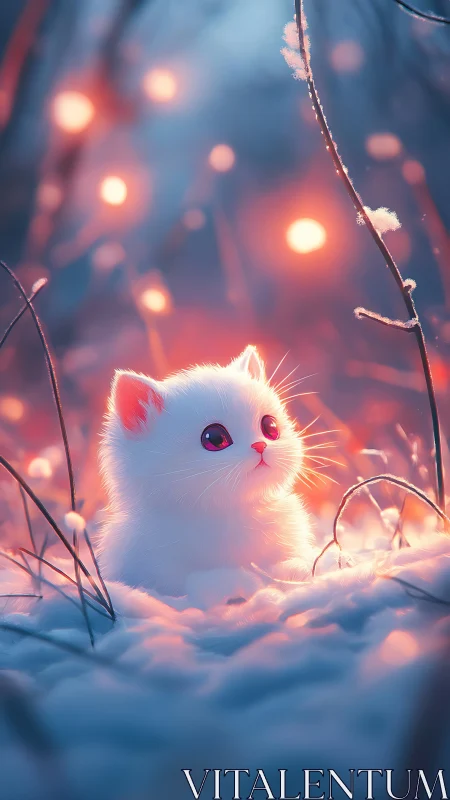White Kitten in Snowy Garden Bathed in Warm Light.