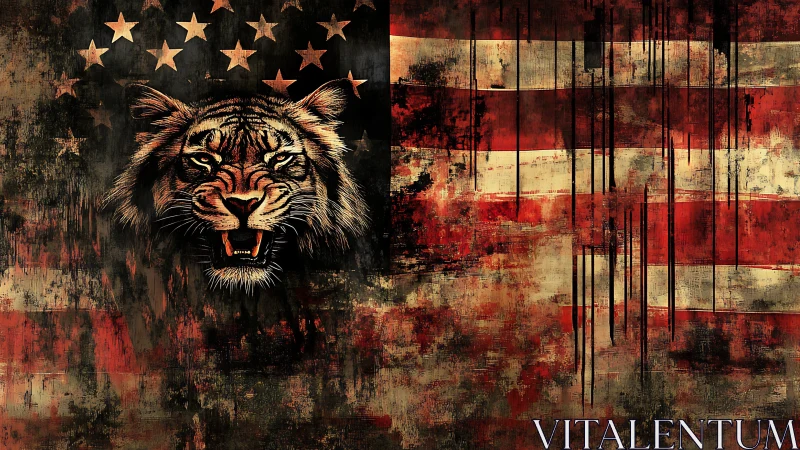 Tiger head overlaps distressed United States flag design
