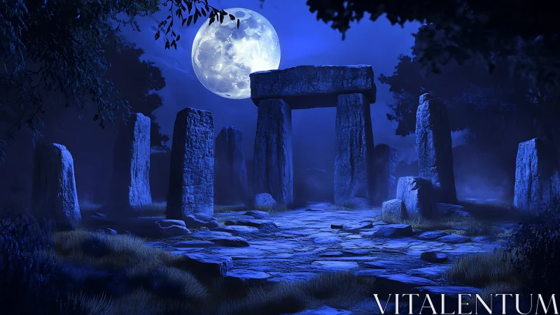 Moonlit stone circle beneath an intense midnight sky.