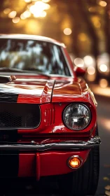 Sunlit red classic muscle car glows on an autumn city street