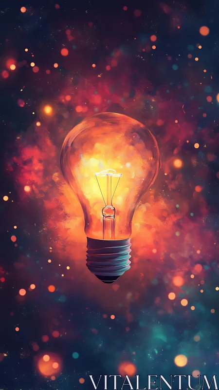 Digital painting of luminous lightbulb in cosmic bokeh field.