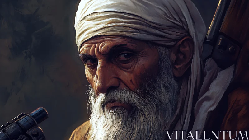 Old bearded warrior in headscarf holding rifle portrait.