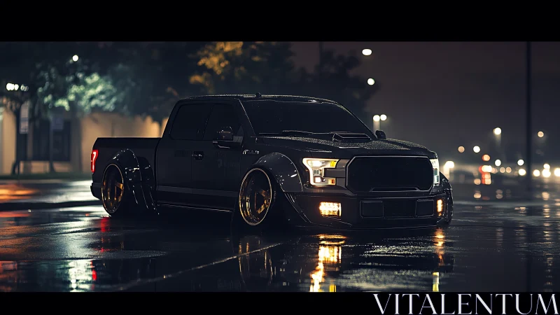 Lowered black pickup truck on wet city street at night.