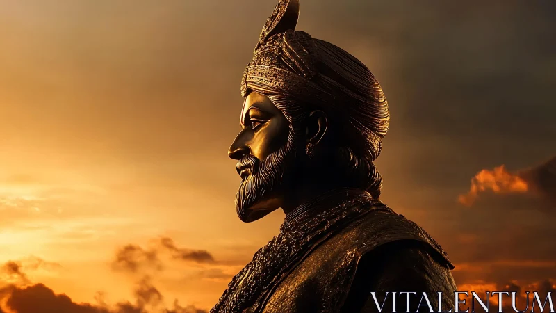 Bronze monarch silhouetted against a storm-soft sunset sky.