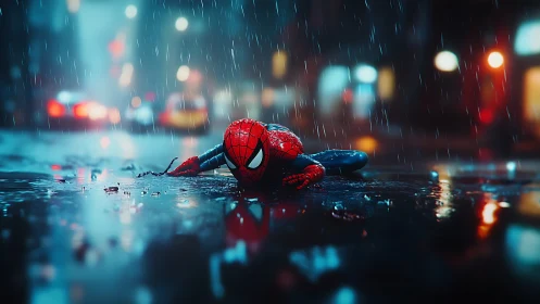 Spider-like hero collapses on neon-wet asphalt in cinematic rain