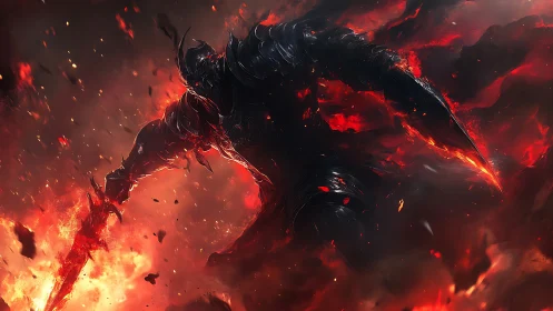 Inferno-clad warlord carving fury through collapsing firestorm.