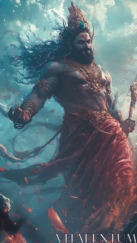 Stormlit warrior god striding through swirling skyfire.