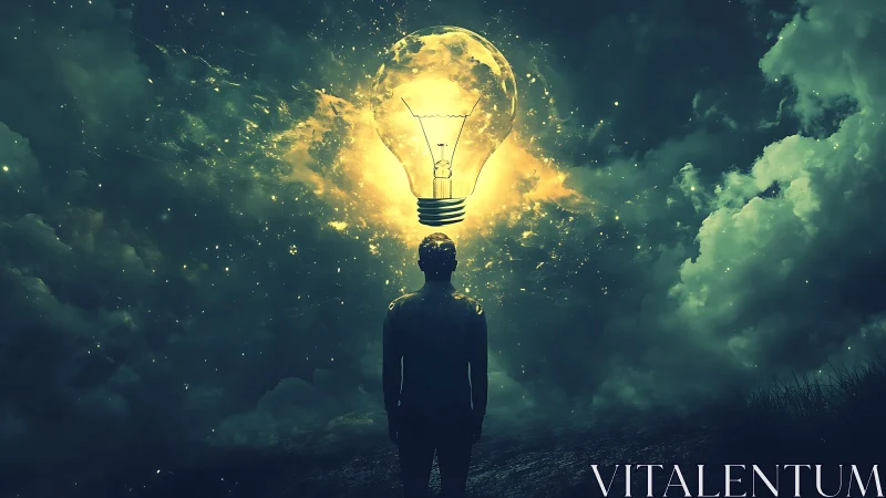 Glowing idea drifts above a dreamer in a moody night sky