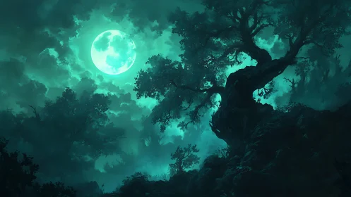 Moonlit haunted forest under vivid teal storm clouds.