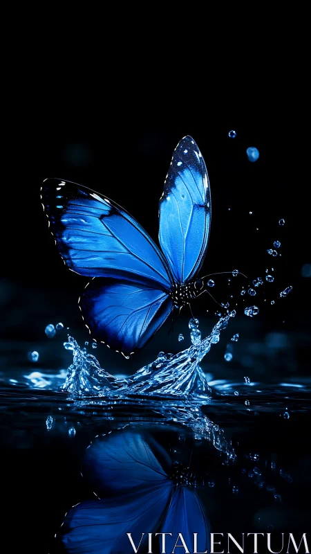 Blue butterfly emerging from water against dark backdrop.
