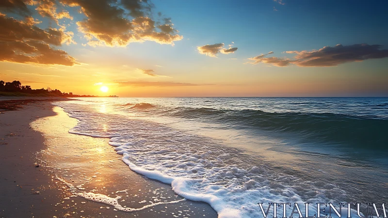 Sun sets over calm ocean waves on reflective sandy shore