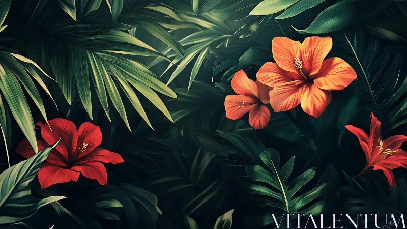 Tropical Flowers Among Dark Green Foliage