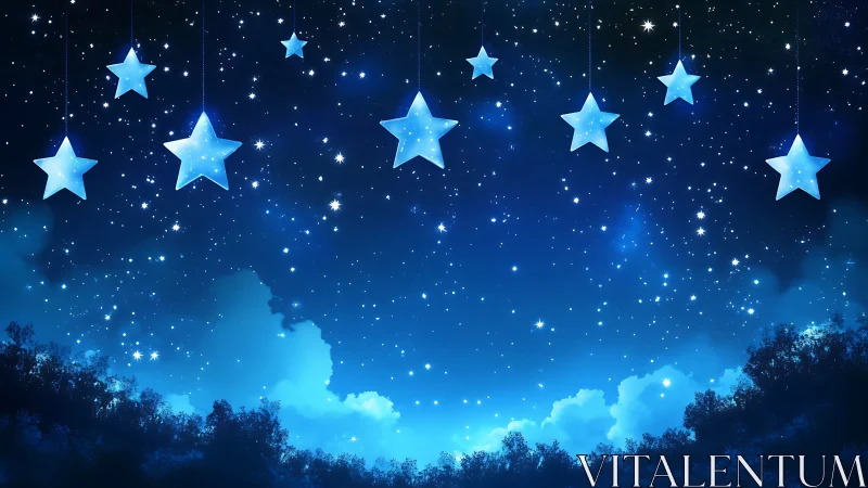 Suspended luminous star forms over stylized nocturnal canopy.