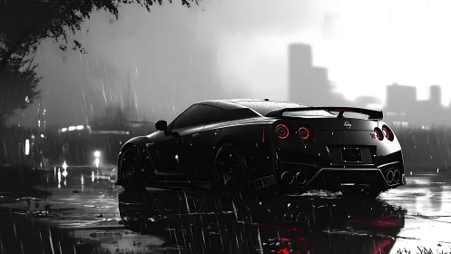 Black sports car parked on wet city street in heavy rain