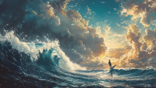 Digital seascape with silhouetted surfer and luminous storm sky.