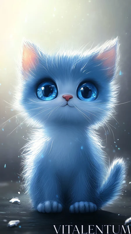 Luminescent Blue Feline with Crystalline Eyes and Ethereal Fur Rendering