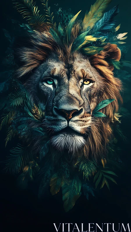 Regal lion with heterochromia emerges from lush jungle foliage.