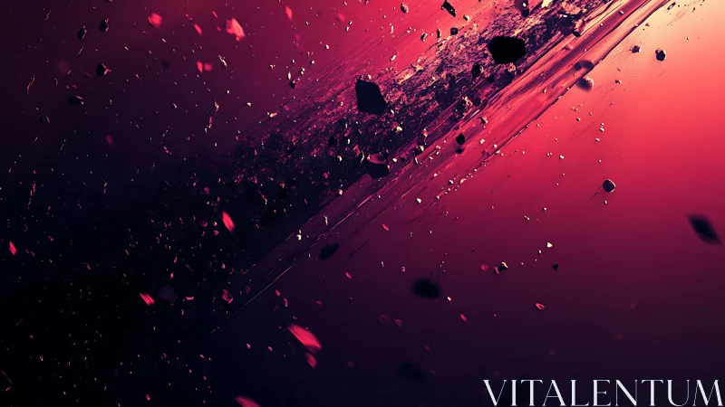 Cosmic shards drifting through glowing crimson skies.