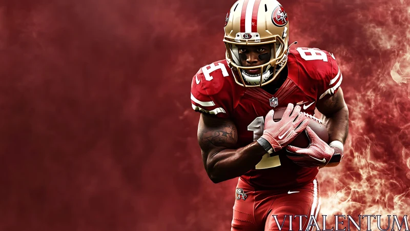 Powerful football runner charges forward in bold red energy