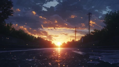 Low-angle wet asphalt road at sunset with power lines