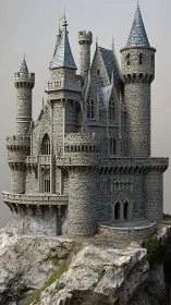 Stone cliffside castle with tall turrets and spires.