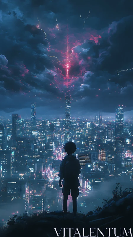 Solitary silhouette overlooking neon city under storm rift.