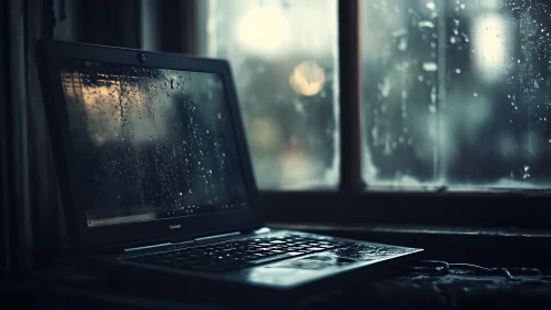 Rain-soaked laptop by moody window at dusk glow.