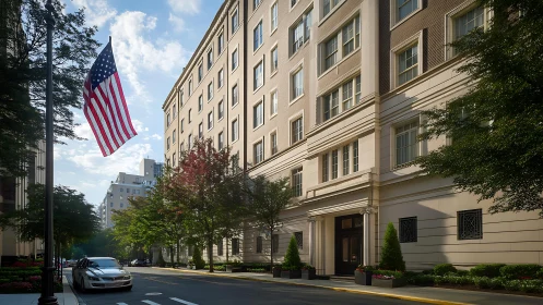 Morning light along stately urban apartments and flag.