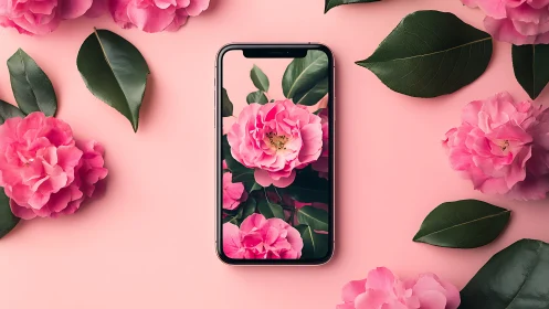Pink peonies arranged around smartphone display mockup.