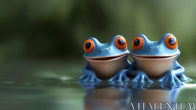 Two Cute Cartoon Frogs with Big Eyes in Soft Green Setting.