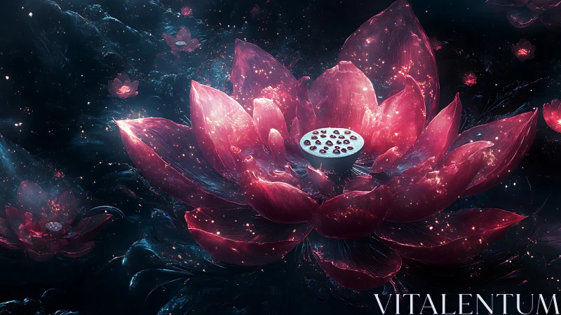 Luminous cosmic lotus blooms with crystalline scarlet petals.