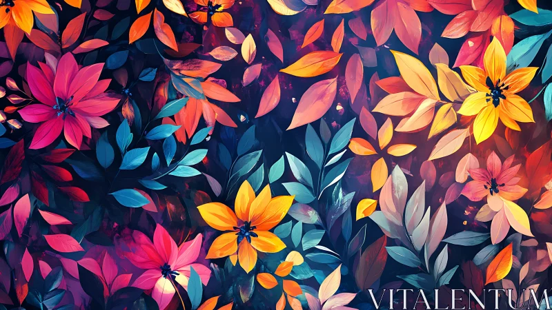 Digital floral pattern arranges multicolored leaves and blooms