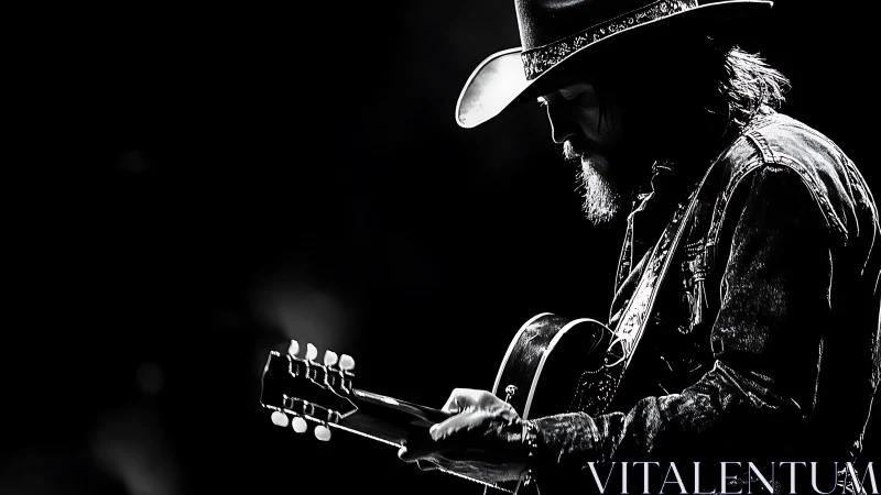 Silhouetted guitarist in cowboy hat on dark stage background.