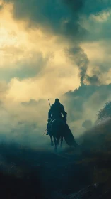 Solitary cloaked rider approaching distant smoking citadel at dawn