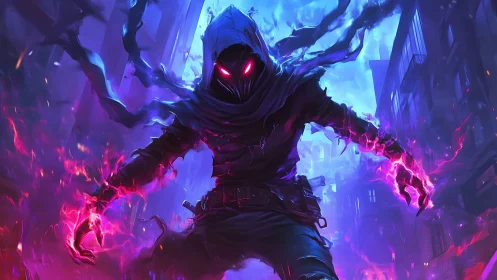 Hooded dark figure with glowing eyes in neon city street.