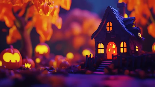 Halloween-themed miniature house with glowing pumpkins.