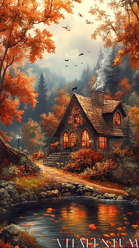 Autumn woodland cottage with illuminated windows beside reflective pond