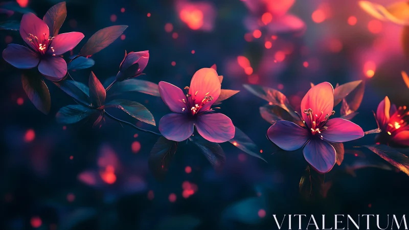 Neon Blossoms Ignite: Flowers Glowing in Twilight Mist.