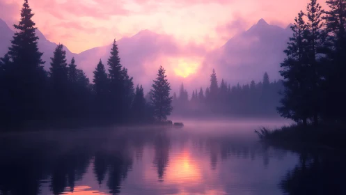 Soft dawn light pours over misty pines and a tranquil lake