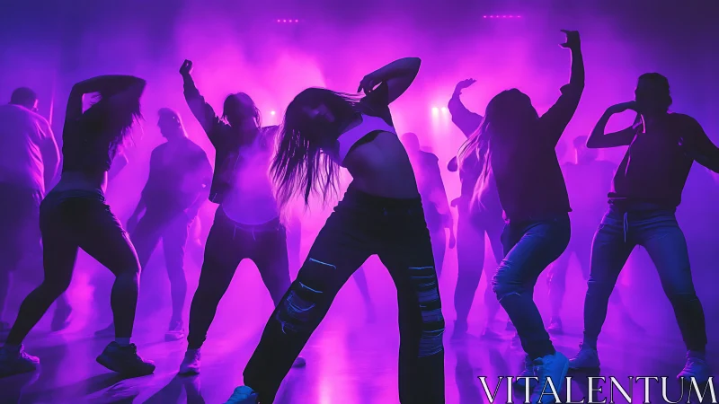 Group street dancers move under neon purple club lights.