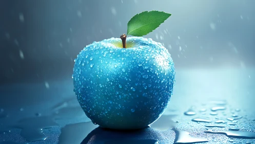 Blue apple with water droplets under cool studio light.