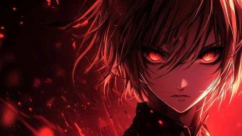 Fiery eyed anime antihero in intense red glow portrait.