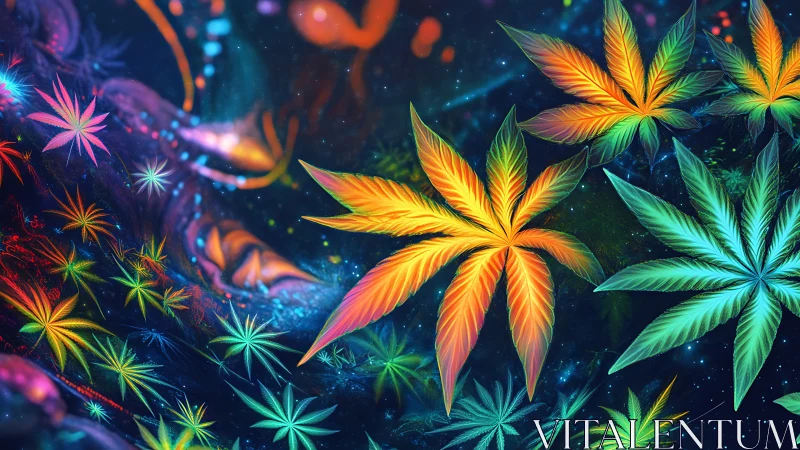 Neon cannabis leaves float over dark abstract cosmic background