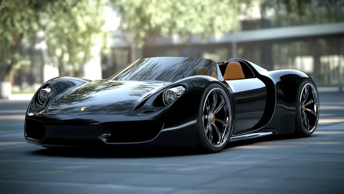 Sleek black sports car rests in soft urban courtyard light