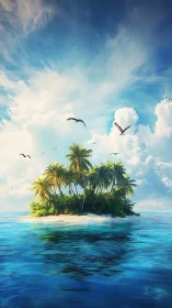 Tropical Island Paradise With Soaring Birds.