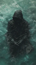Hooded figure submerged in turbulent teal water with obscured face