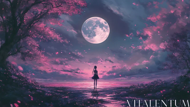 Girl under full moon in pink and blue twilight landscape.