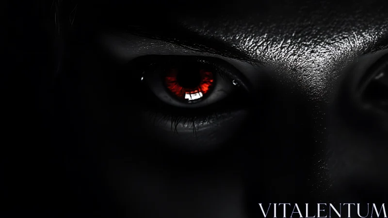 Close-up of intense red human eye in dark shadows.