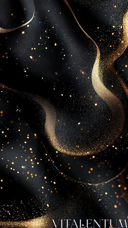 Golden stardust drifts over silky black waves in motion